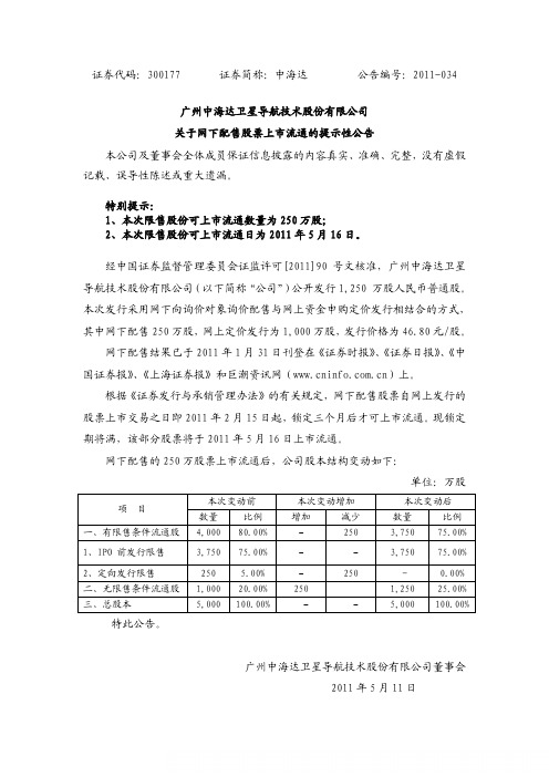 中海达：关于网下配售股票上市流通的提示性公告
 2011-05-11