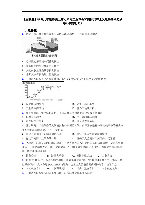 【压轴题】中考九年级历史上第七单元工业革命和国际共产主义运动的兴起试卷(带答案)(1)