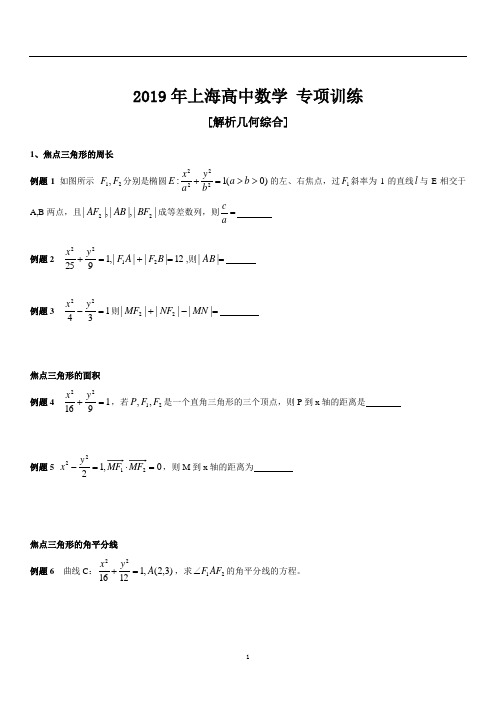 2019年上海高中数学 专项训练 解析几何