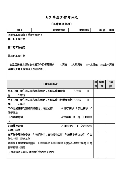 员工季度工作考评表