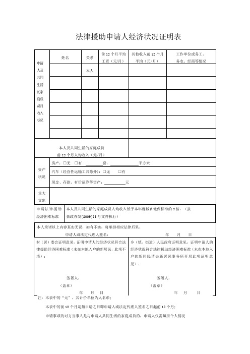 法律援助申请人经济状况证明表