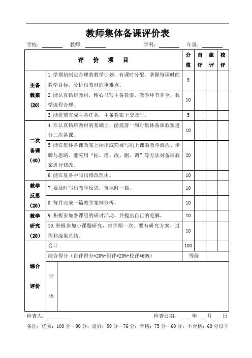 教师集体备课评价标准