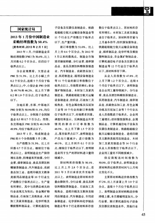 2013年1月份中国制造业采购经理指数为50.4%