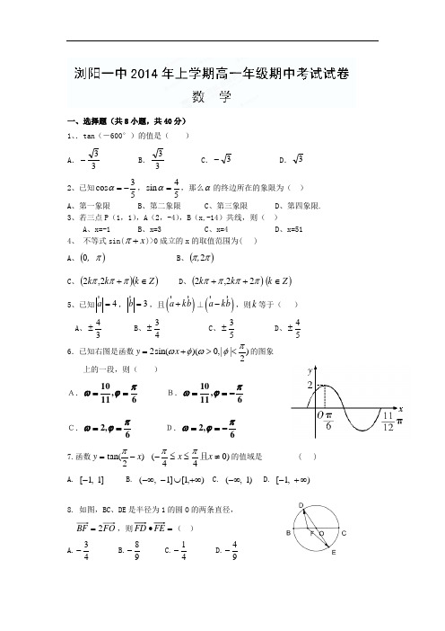 浏阳一中2013-2014学年高一下学期期中考试数学试题及答案
