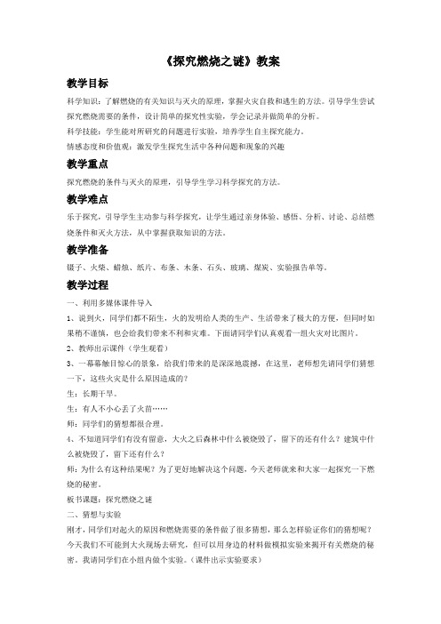 大象版科学四年级下册 第六单元《探究燃烧之谜》教案3