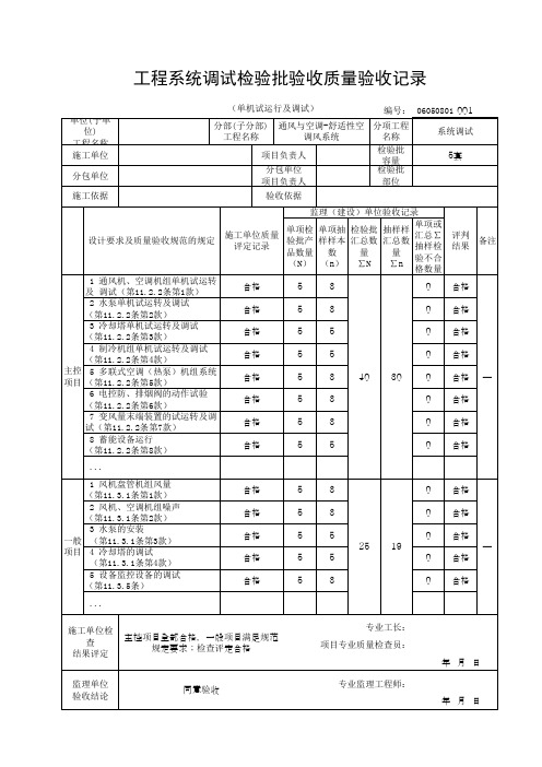 工程系统调试检验批验收质量验收记录(单机试运行及调试)