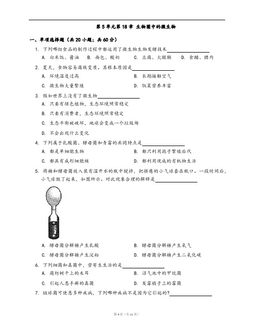 北师大版八年级上册生物单元测试卷第5单元第18章 生物圈中的微生物(word版,含答案解析)