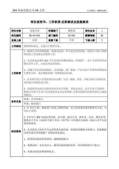 电商主管岗位说明书工作职责和任职要求