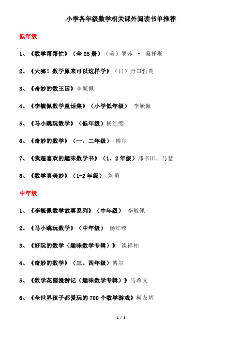 小学各年级数学相关课外阅读书单推荐