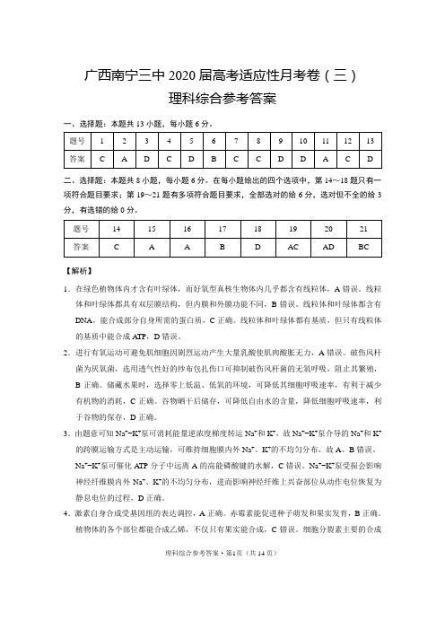 广西南宁三中2020届高考适应性月考卷(三)理综-试卷-答案