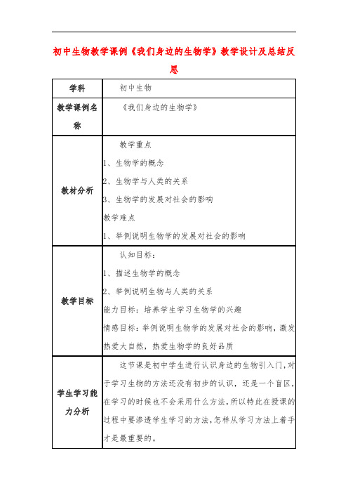 初中生物教学课例《我们身边的生物学》教学设计及总结反思