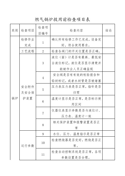 燃气锅炉投用前检查项目表