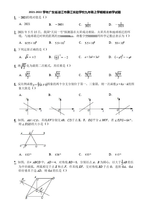 2021-2022学年广东省湛江市廉江实验学校九年级上学期期末数学试题