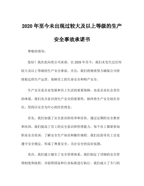 2020年至今未出现过较大及以上等级的生产安全事故承诺书