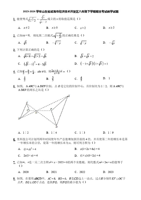 2023-2024学年山东省威海市经济技术开发区八年级下学期期末考试数学试题