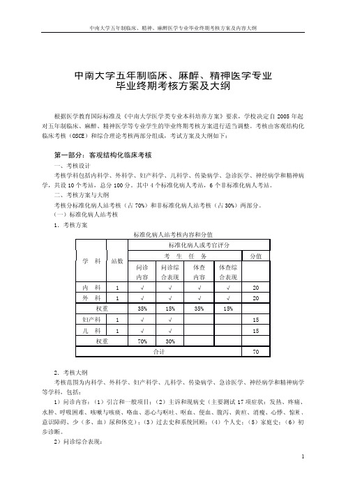 中南大学五年制临床、麻醉、精神医学专业毕业终期考核方案