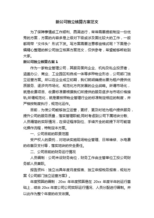 新公司独立核算方案范文