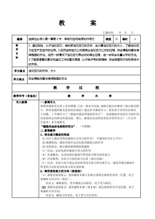 1.2 磁场对运动电荷的作用力 —【新教材】人教版高中物理选择性必修第二册教案