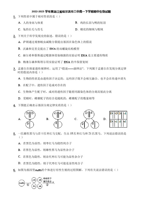 2022-2023学年黑龙江省哈尔滨市三中高一下学期期中生物试题