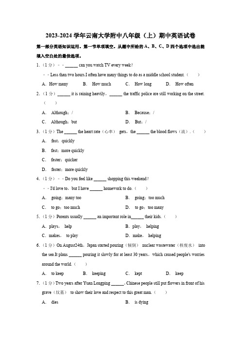 云南大学附属中学2023-2024学年八年级上学期期中英语试卷(含解析)