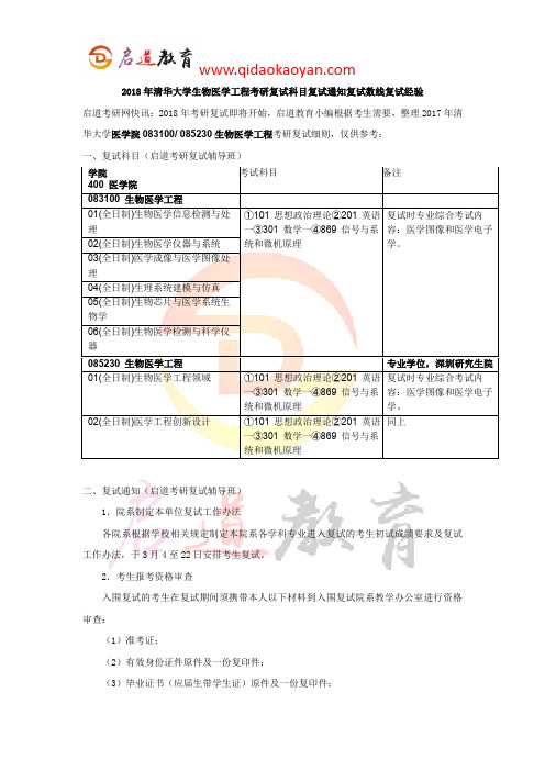 2018年清华大学生物医学工程考研复试科目复试通知复试数线复试经验