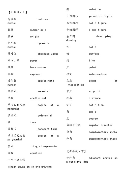 初中数学【人教版】中英文词汇索引