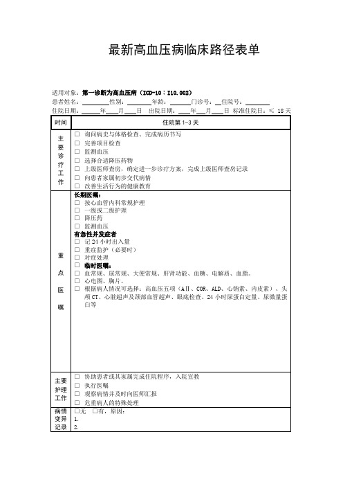 最新高血压病临床路径表单