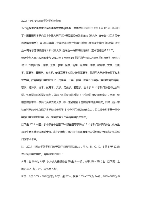 2014中国大学各学科排行榜