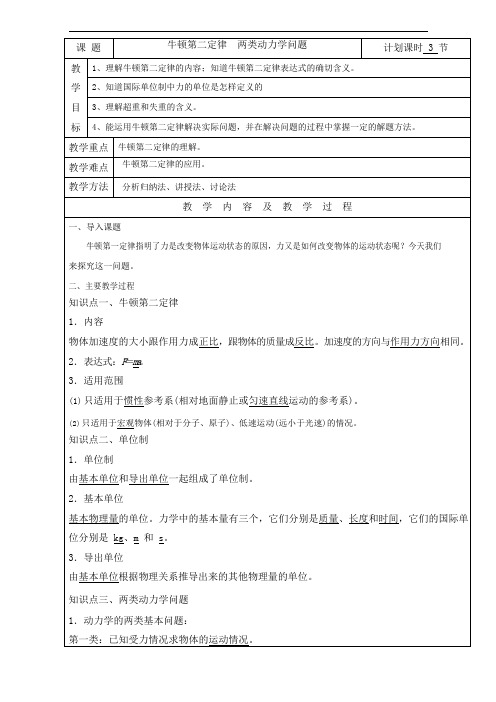 2017届高三物理一轮复习教案:牛顿第二定律 两类动力 Word版含解析