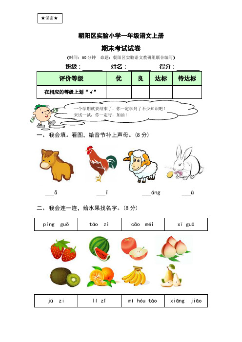 朝阳区实验小学一年级上册语文期末试卷及答案