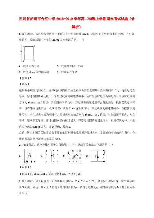 四川省泸州市合江中学2018-2019学年高二物理上学期期末考试试题(含解析)