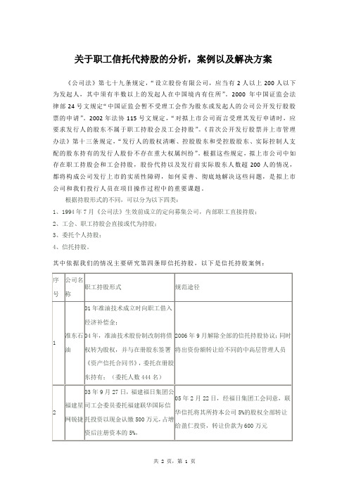 关于职工信托代持股的分析-案例以及解决方案样本范文