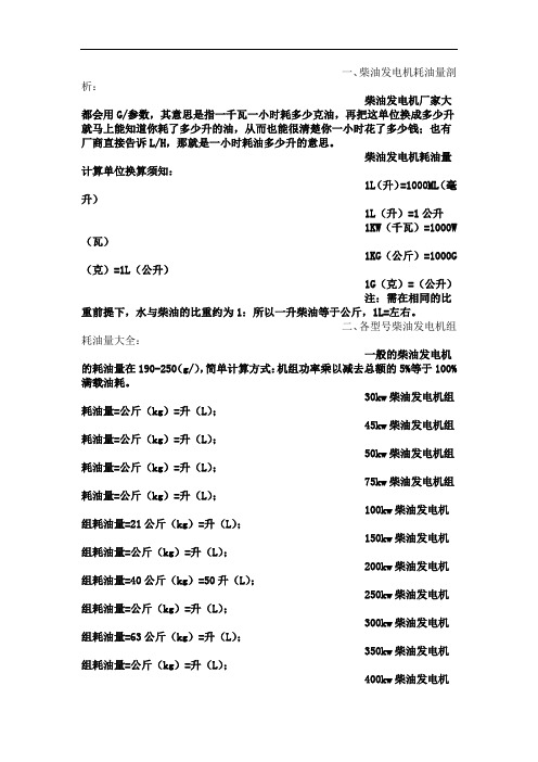 30kw-1200kw柴油发电机组耗油量问题