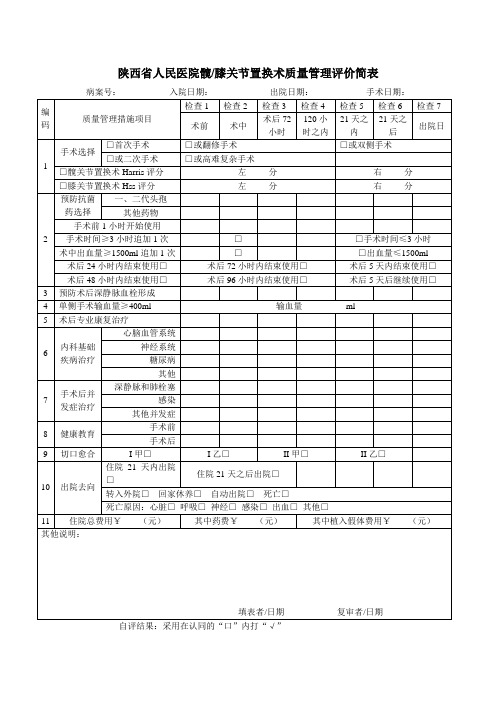 陕西省人民医院髋膝关节置换术质量管理评价简表