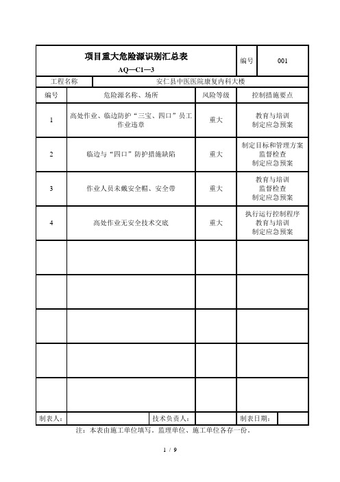 2项目重大危险源识别汇总表