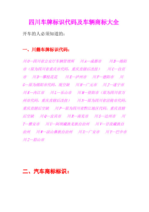 川籍车辆牌照代码及车辆商标标识