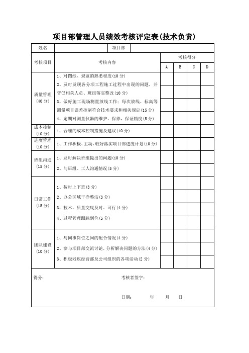 项目部管理人员绩效考核评定表(技术负责)