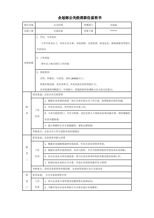 企划部公关经理职位说明书