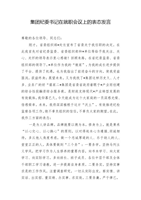 集团纪委书记在就职会议上的表态发言