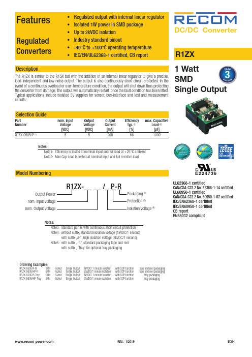 R1ZX 1W 单输出 DC DC 转换器 产品说明书