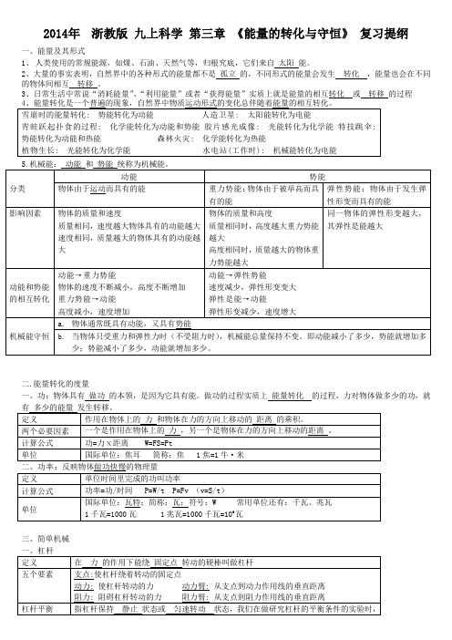 2014年 浙教版 九上科学 第三章 《能量的转化与守恒》 复习提纲