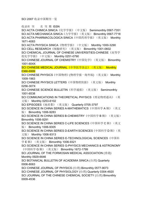 SCI 2007收录中国期刊一览