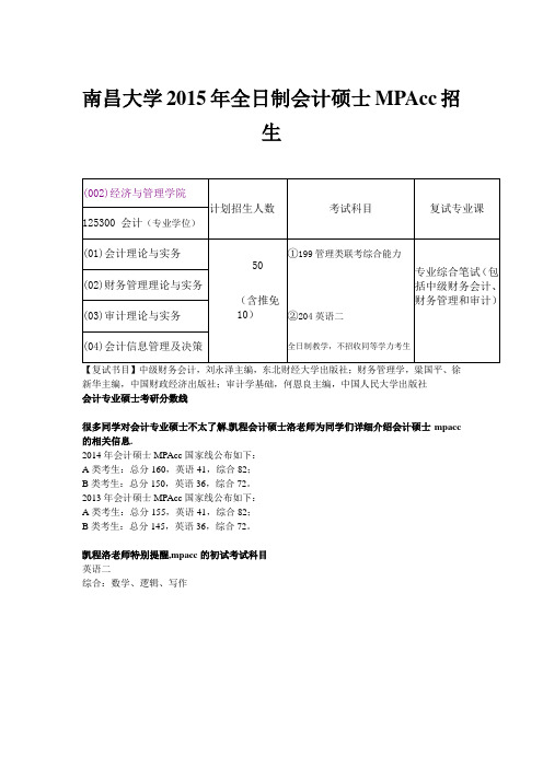 南昌大学2015年全日制会计硕士MPAcc招生