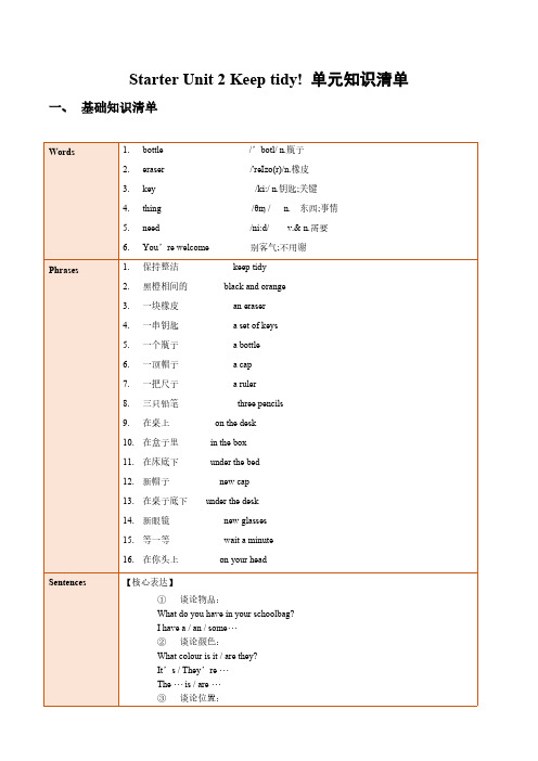 七年级英语上册Starter+Unit+2(单元知识清单)(人教版2024)