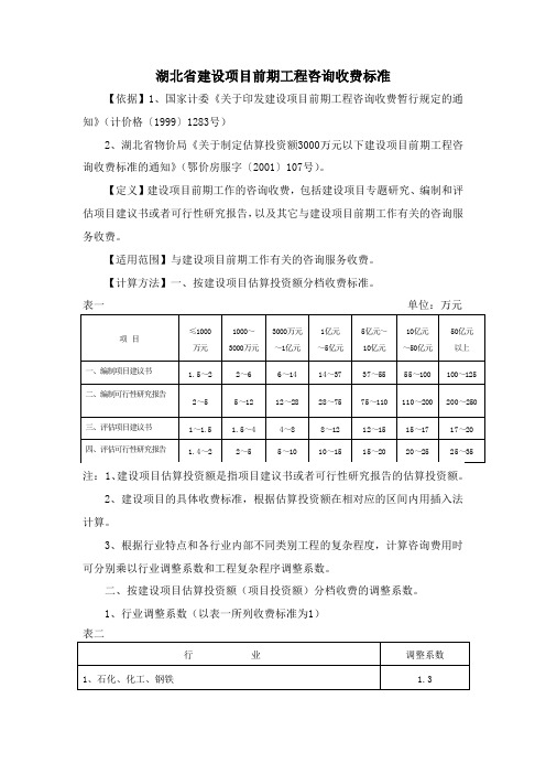 湖北省建设项目前期工程咨询收费标准