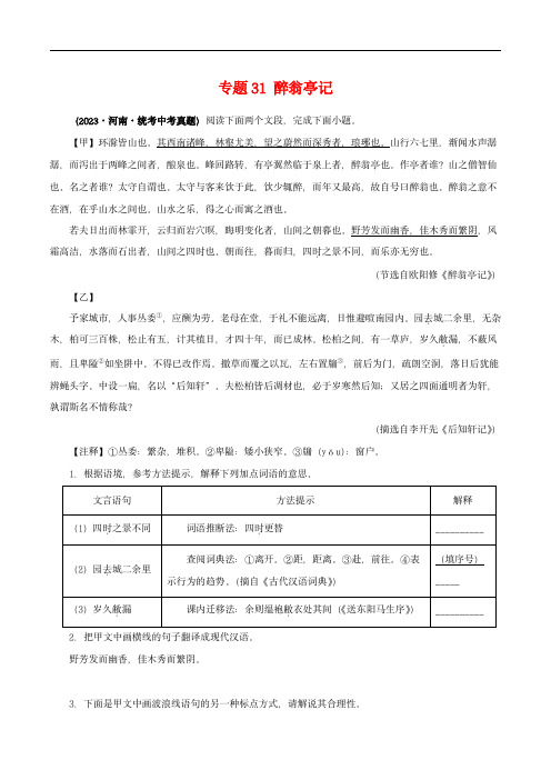 中考语文之文言文对比阅读(全国通用)专题31 醉翁亭记(原卷版)