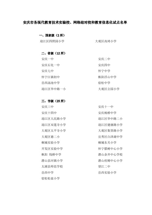 安庆市各现代教育技术实验校、网络结对校和教育信息化试点名单