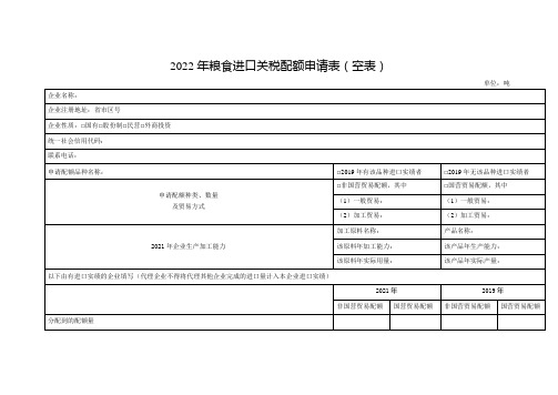 2022年粮食进口关税配额申请表(空表)