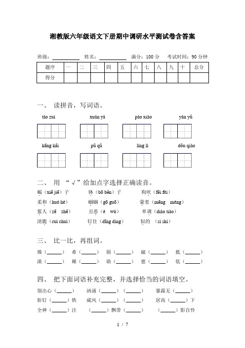 湘教版六年级语文下册期中调研水平测试卷含答案