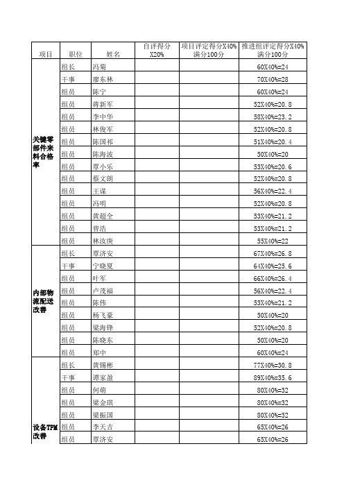 精益项目成员月份评价汇总表